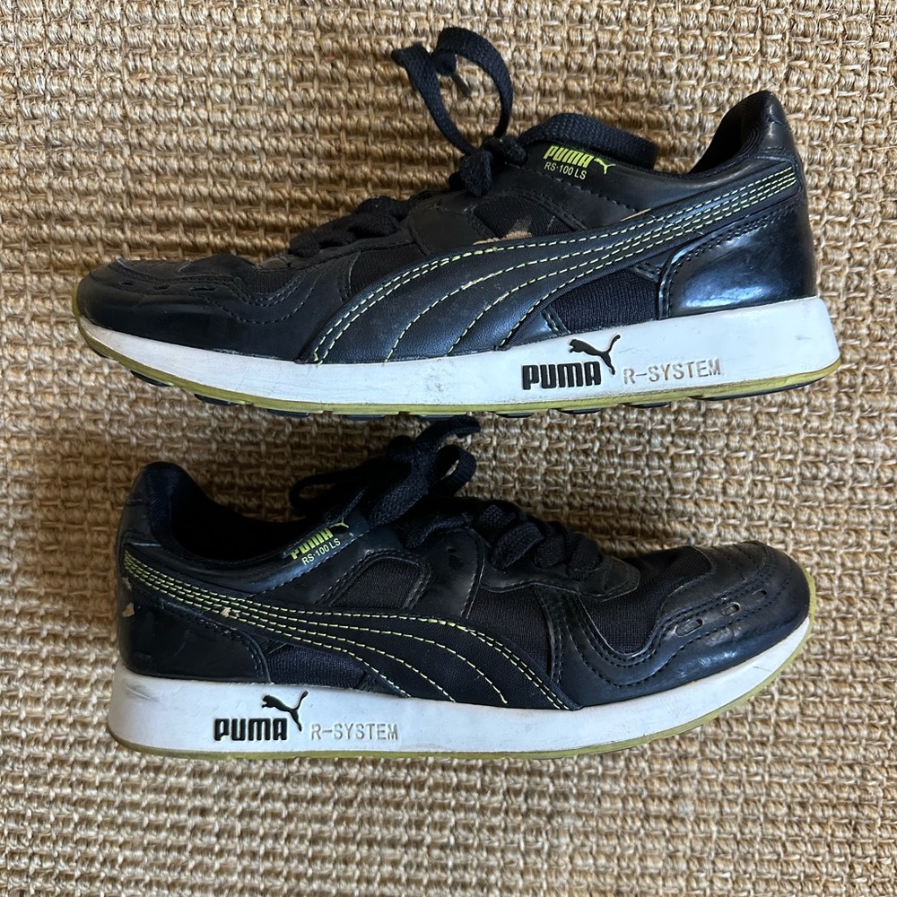 Puma black and lime green R-System sneakers